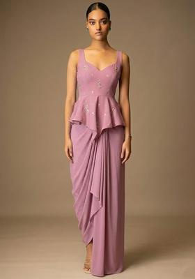 Lavender Embroidered Chanderi Pre Draped Saree Set