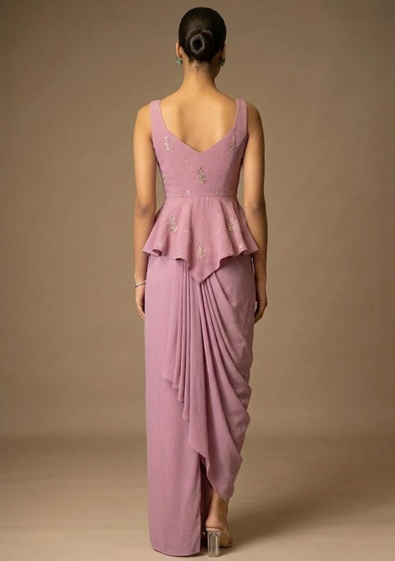 Lavender Embroidered Chanderi Pre Draped Saree Set - Indya