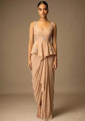 Peach Embroidered Chanderi Pre Draped Saree Set