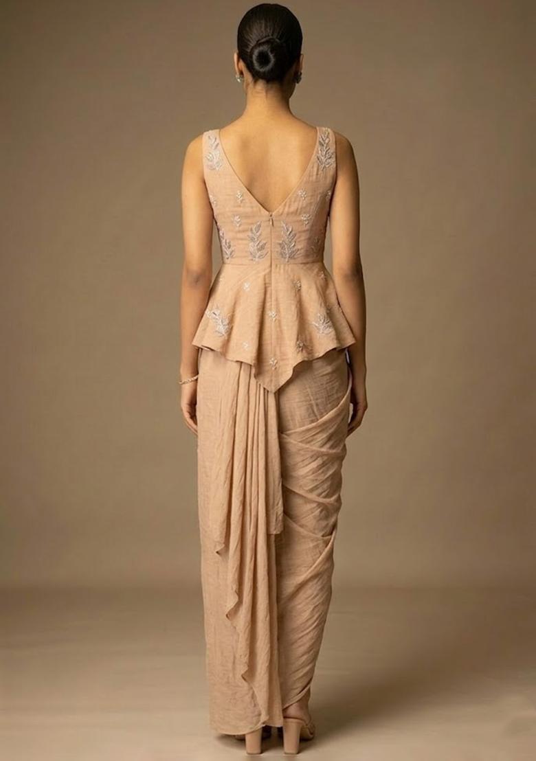 Peach Embroidered Chanderi Pre Draped Saree Set - Indya
