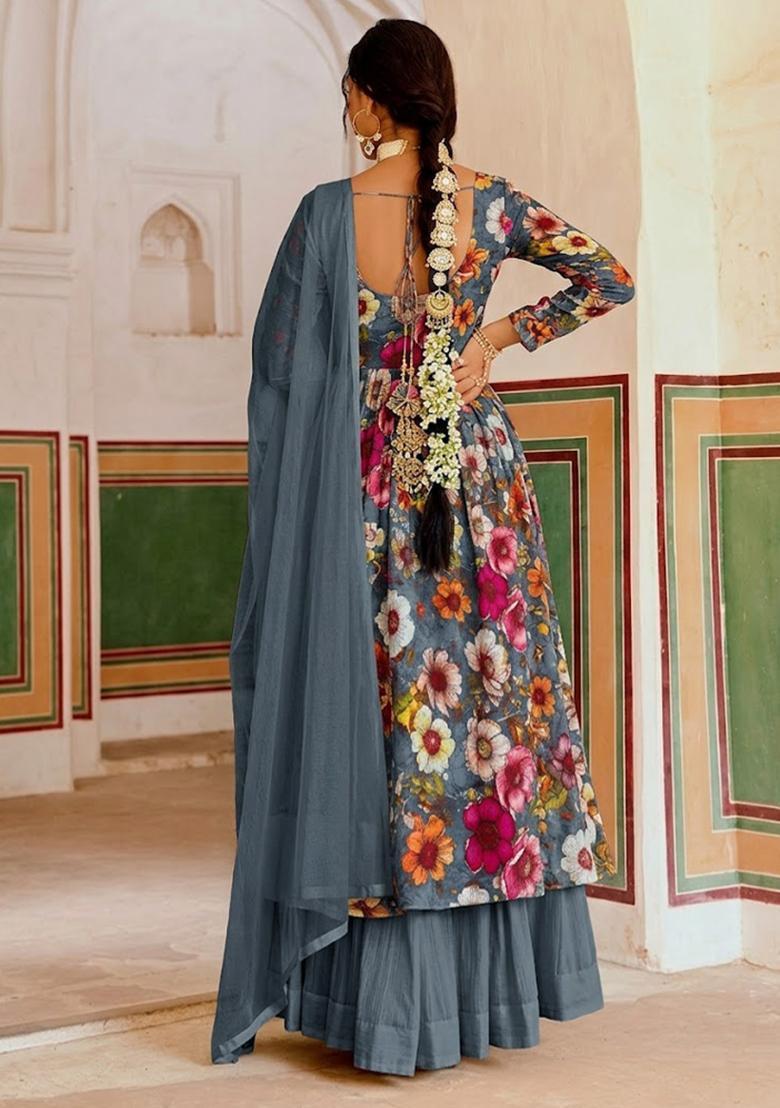 Steel Grey Floral Print Crepe Anarkali Set - Indya