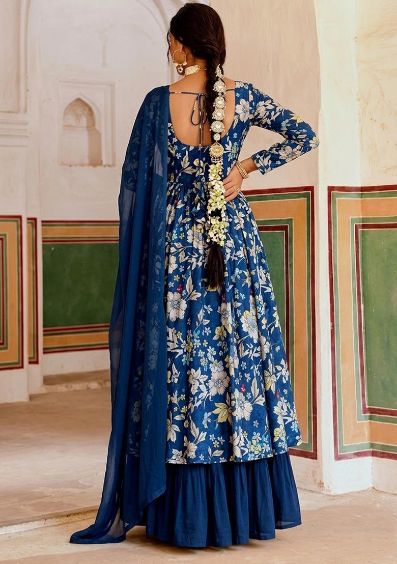 Royal Blue Floral Print Crepe Anarkali Set - Indya
