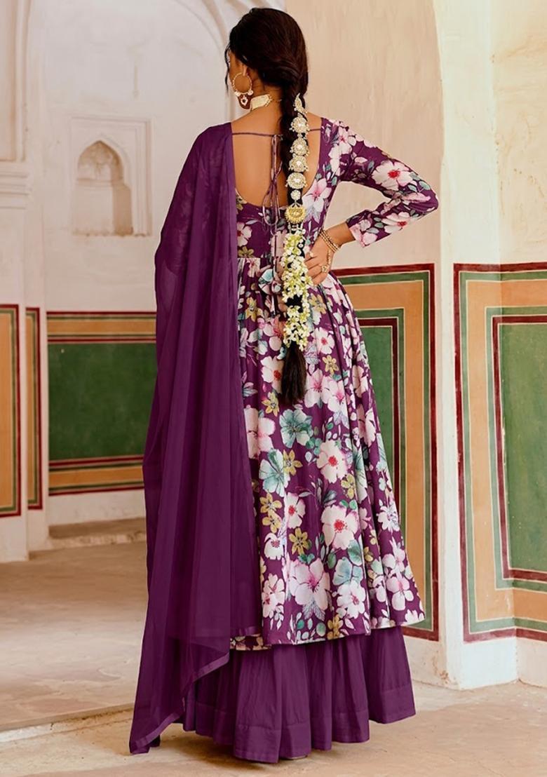 Purple Floral Print Crepe Anarkali Set - Indya