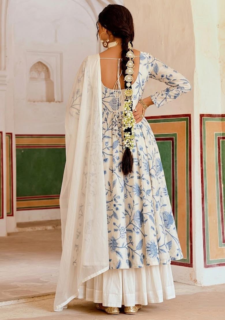 Ivory Floral Print Crepe Anarkali Set - Indya