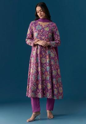 Magenta Purple Floral Print Chinon Kurta Set