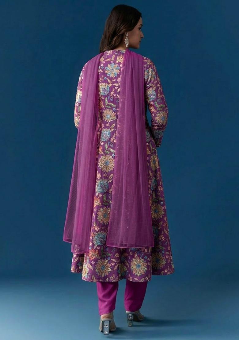Magenta Purple Floral Print Chinon Kurta Set - Indya