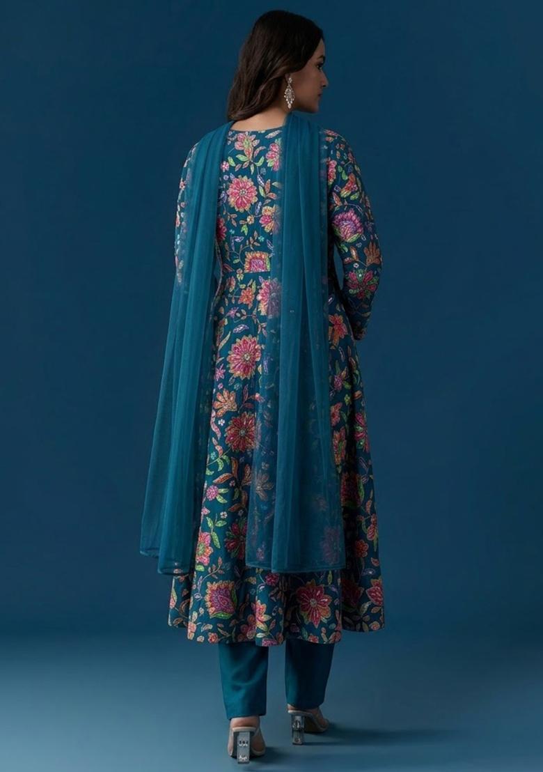Teal Blue Floral Print Chinon Kurta Set - Indya