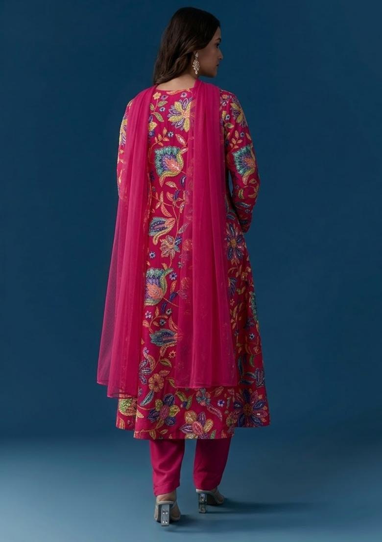 Pink Floral Print Chinon Kurta Set - Indya