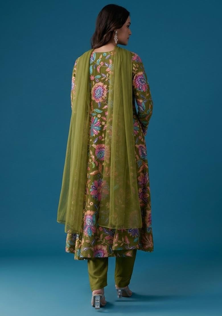 Olive Green Floral Print Chinon Kurta Set - Indya