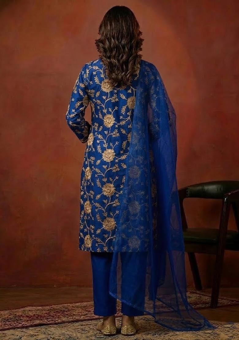 Blue Chanderi Kurta Set - Indya