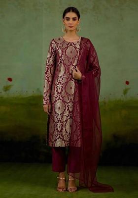 Wine Red Silk Blend Kurta Set