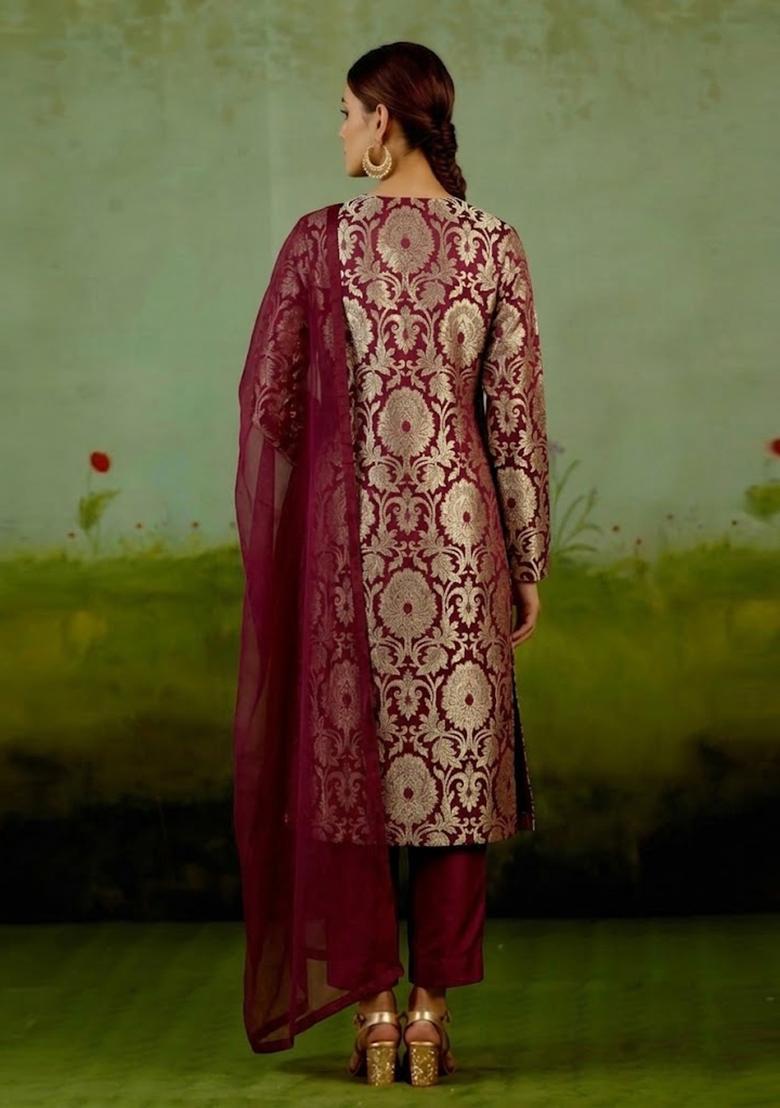 Wine Red Silk Blend Kurta Set - Indya