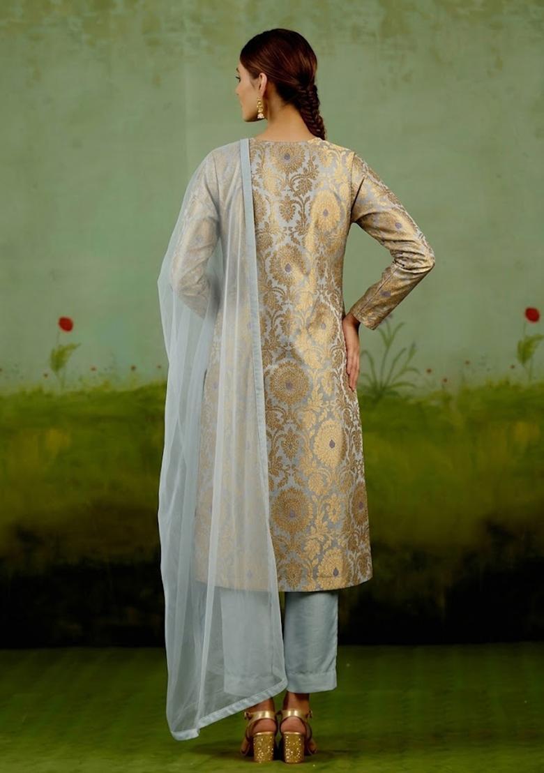 Powder Blue Silk Blend Kurta Set - Indya
