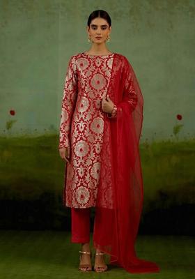 Red Silk Blend Kurta Set