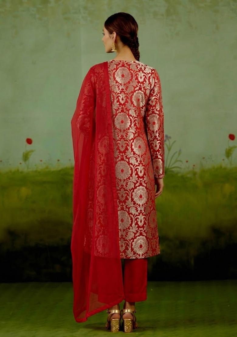 Red Silk Blend Kurta Set - Indya