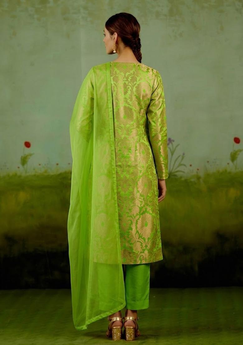 Green Silk Blend Kurta Set - Indya