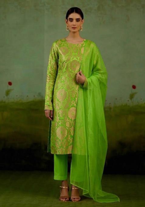 Green Silk Blend Kurta Set