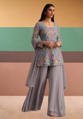 Light Grey Sequin Crepe Sharara Set