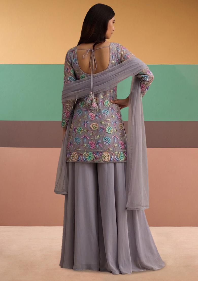 Light Grey Sequin Crepe Sharara Set - Indya
