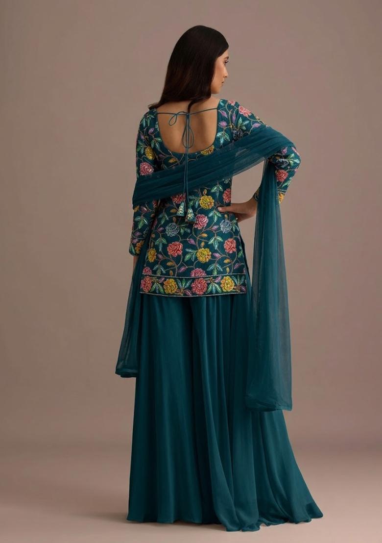 Teal Blue Sequin Crepe Sharara Set - Indya