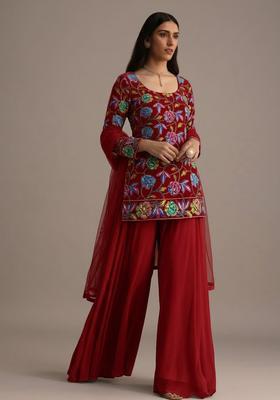 Red Sequin Crepe Sharara Set