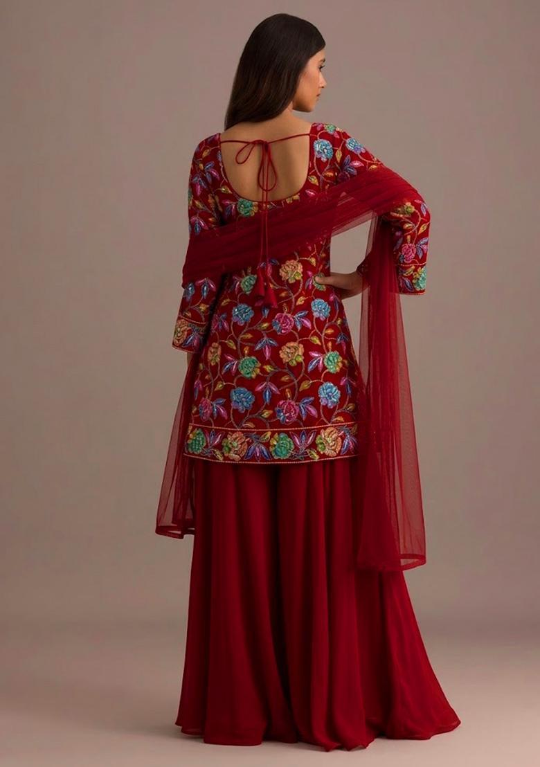 Red Sequin Crepe Sharara Set - Indya