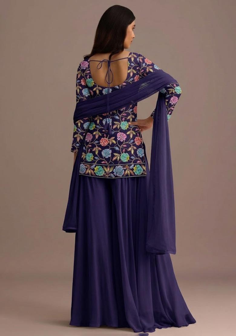 Purple Sequin Crepe Sharara Set - Indya