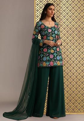 Bottle Green Sequin Crepe Sharara Set