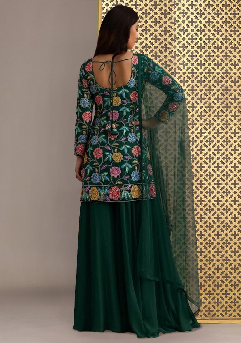 Bottle Green Sequin Crepe Sharara Set - Indya