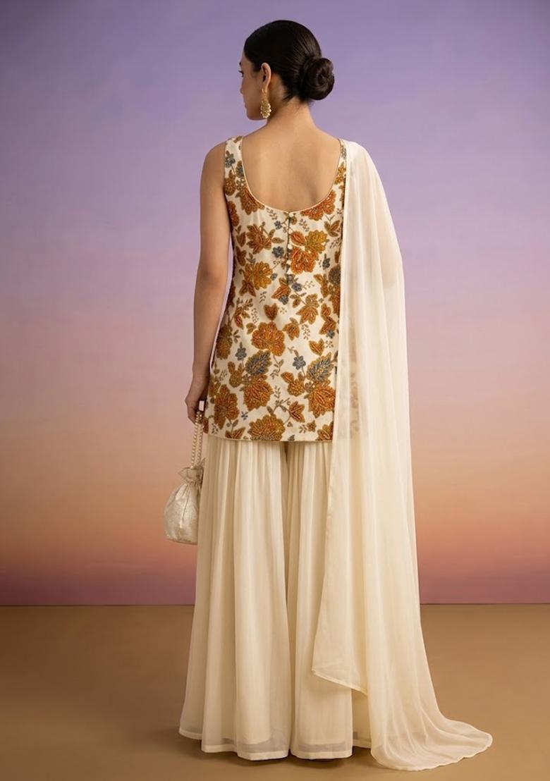 Off White Embroidered Crepe Sharara Set - Indya