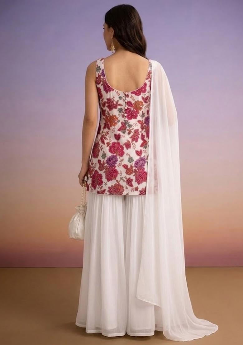 Ivory Embroidered Crepe Sharara Set - Indya