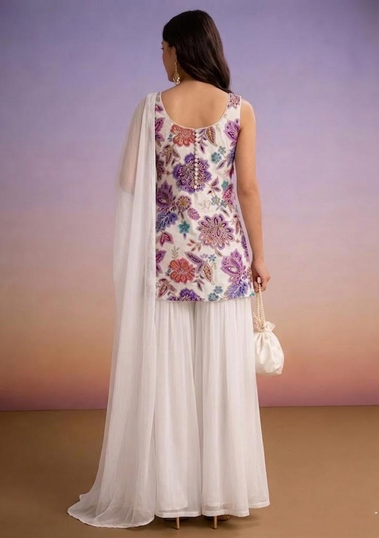Off White Embroidered Crepe Sharara Set - Indya