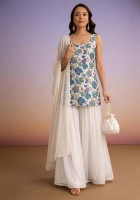 Ivory Embroidered Crepe Sharara Set