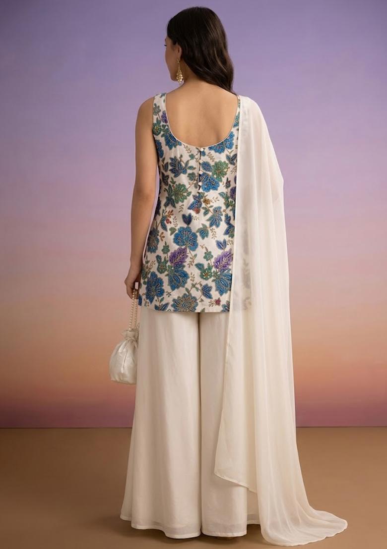 Ivory Embroidered Crepe Sharara Set - Indya
