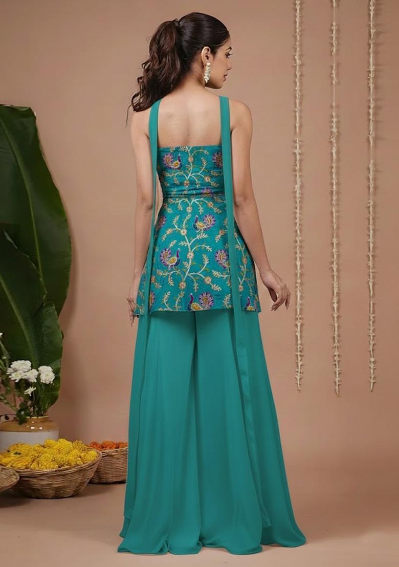Teal Green Floral Print Crepe Sharara Set - Indya