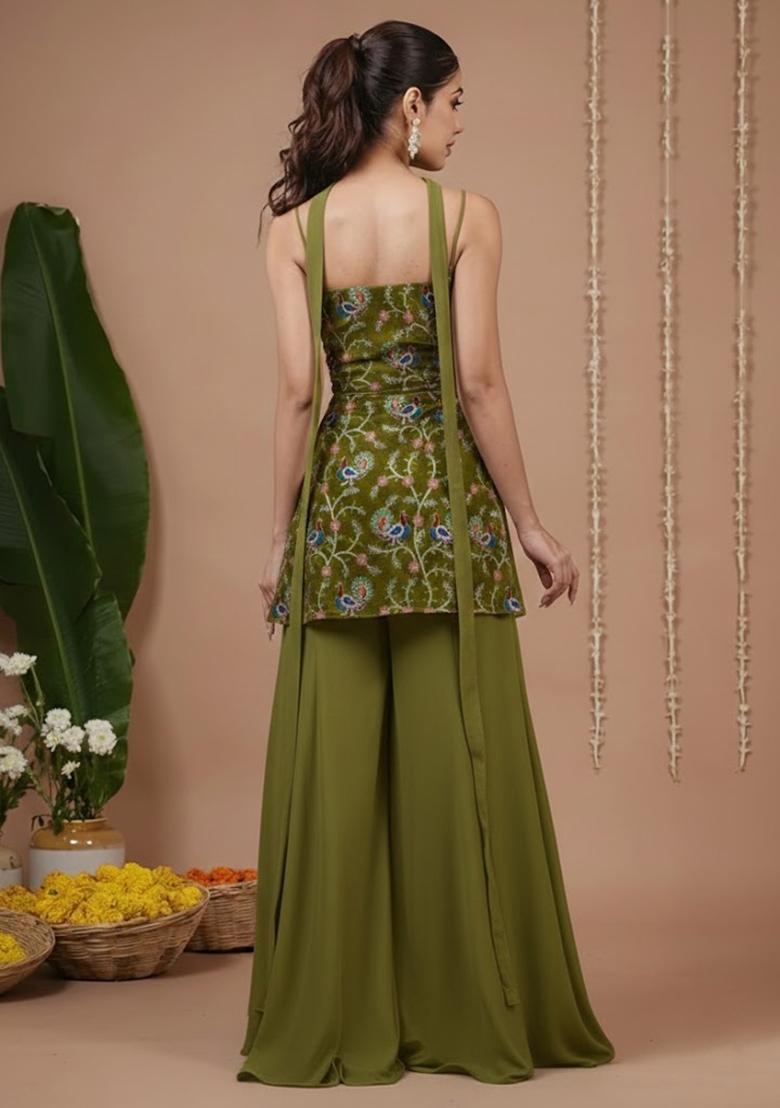 Olive Green Floral Print Crepe Sharara Set - Indya