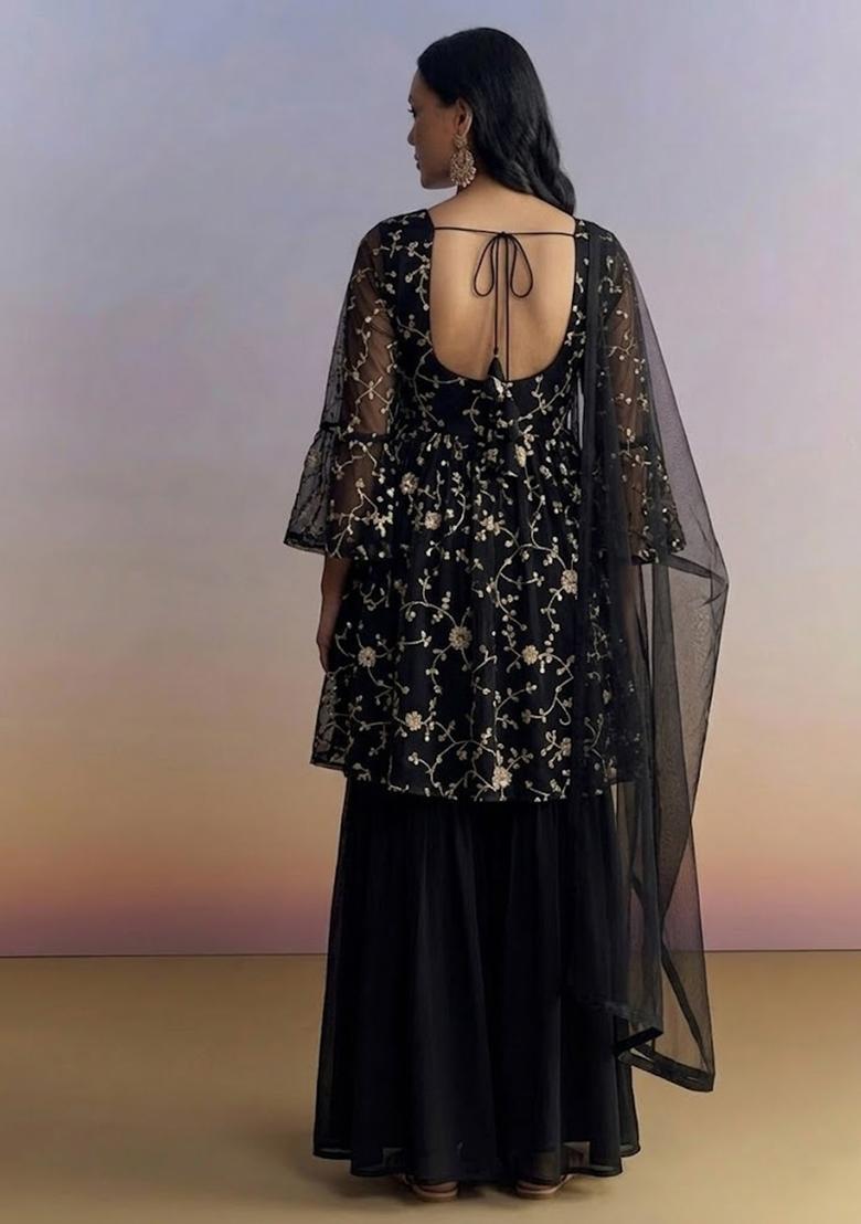 Black Sequin Crepe Sharara Set - Indya