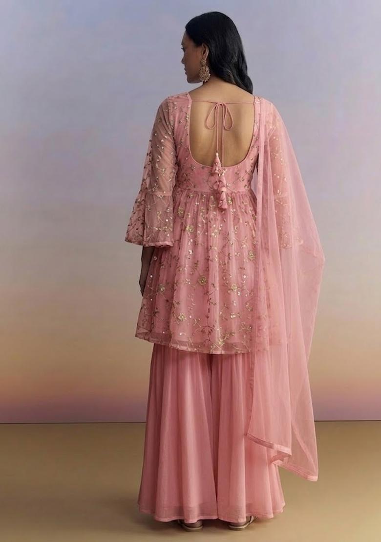 Pink Sequin Crepe Sharara Set - Indya