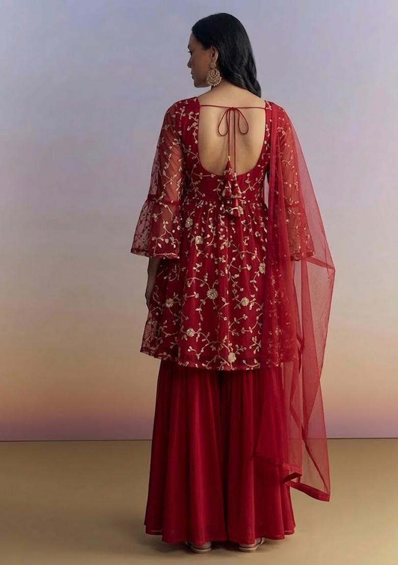 Red Sequin Crepe Sharara Set - Indya