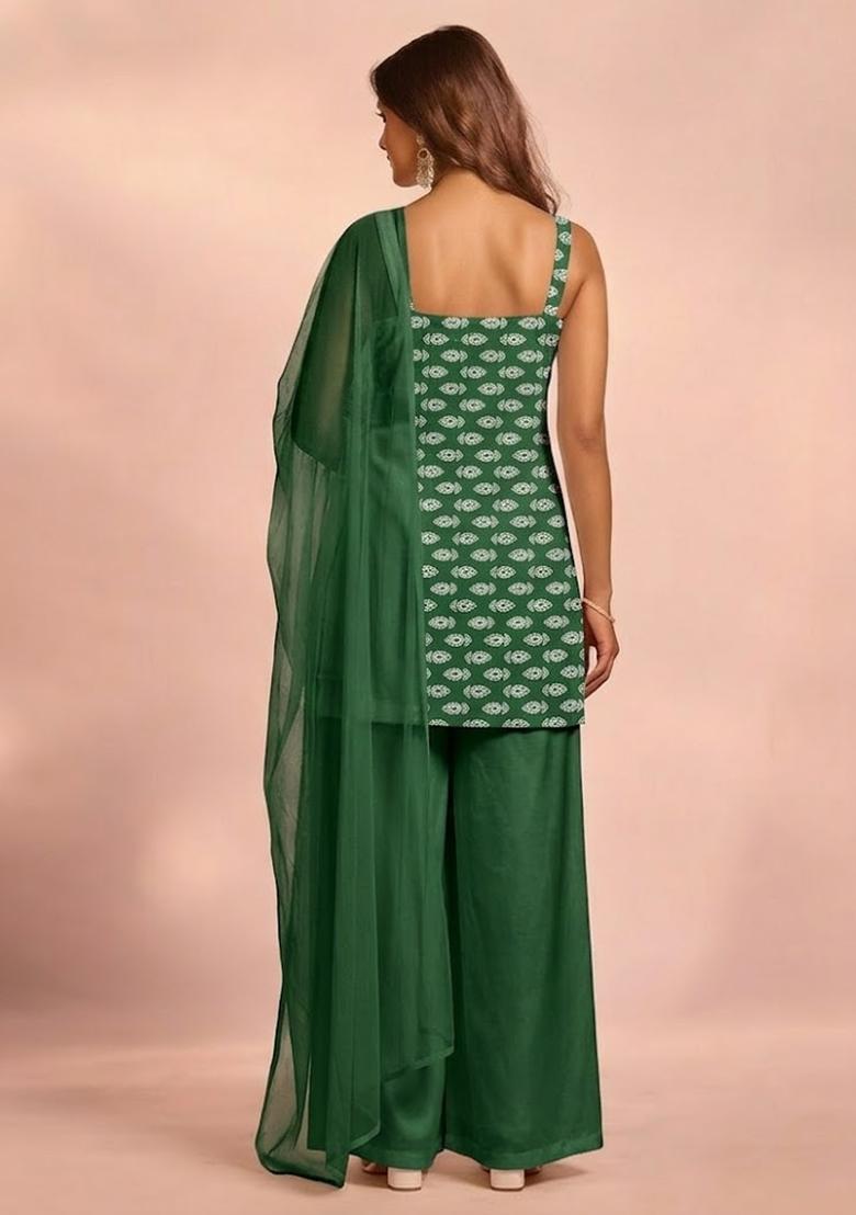 Dark Green Booti Print Satin Sharara Set - Indya
