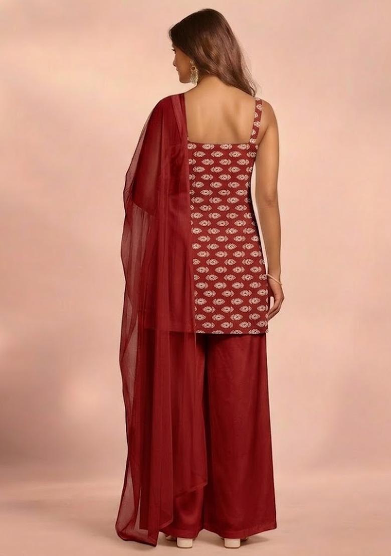 Red Booti Print Satin Sharara Set - Indya