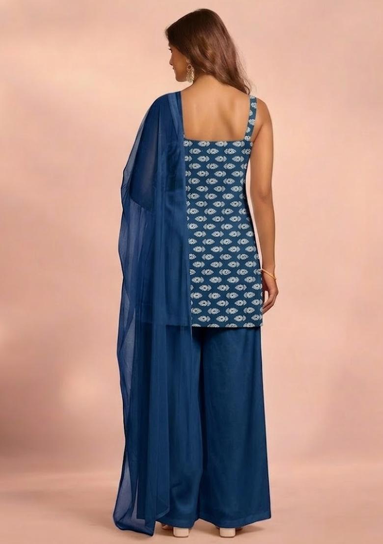 Teal Blue Booti Print Satin Sharara Set - Indya