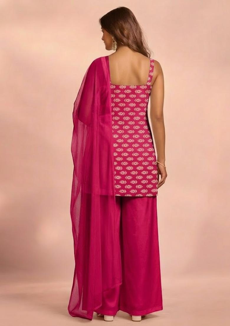 Rani Pink Booti Print Satin Sharara Set - Indya