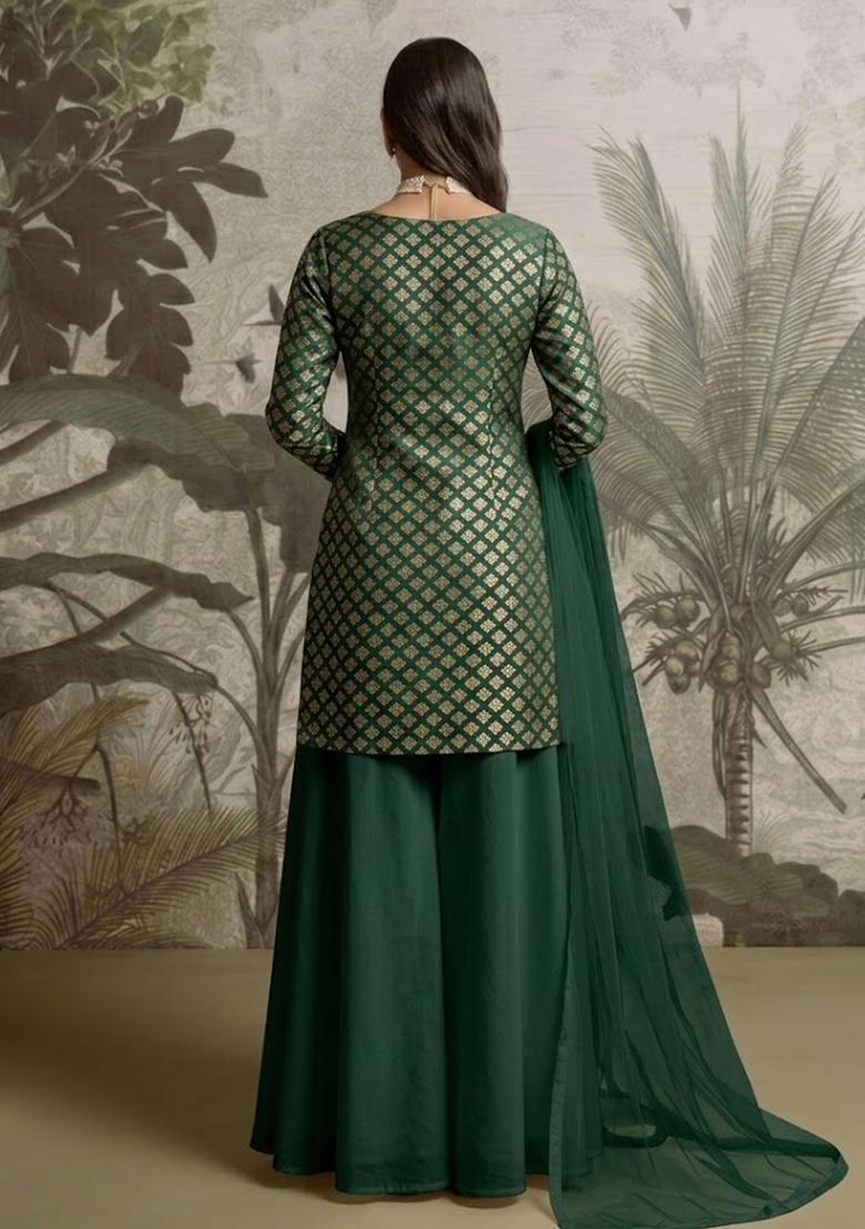 Dark Green Brocade Sharara Set - Indya