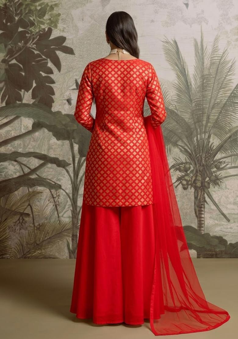 Red Brocade Sharara Set - Indya