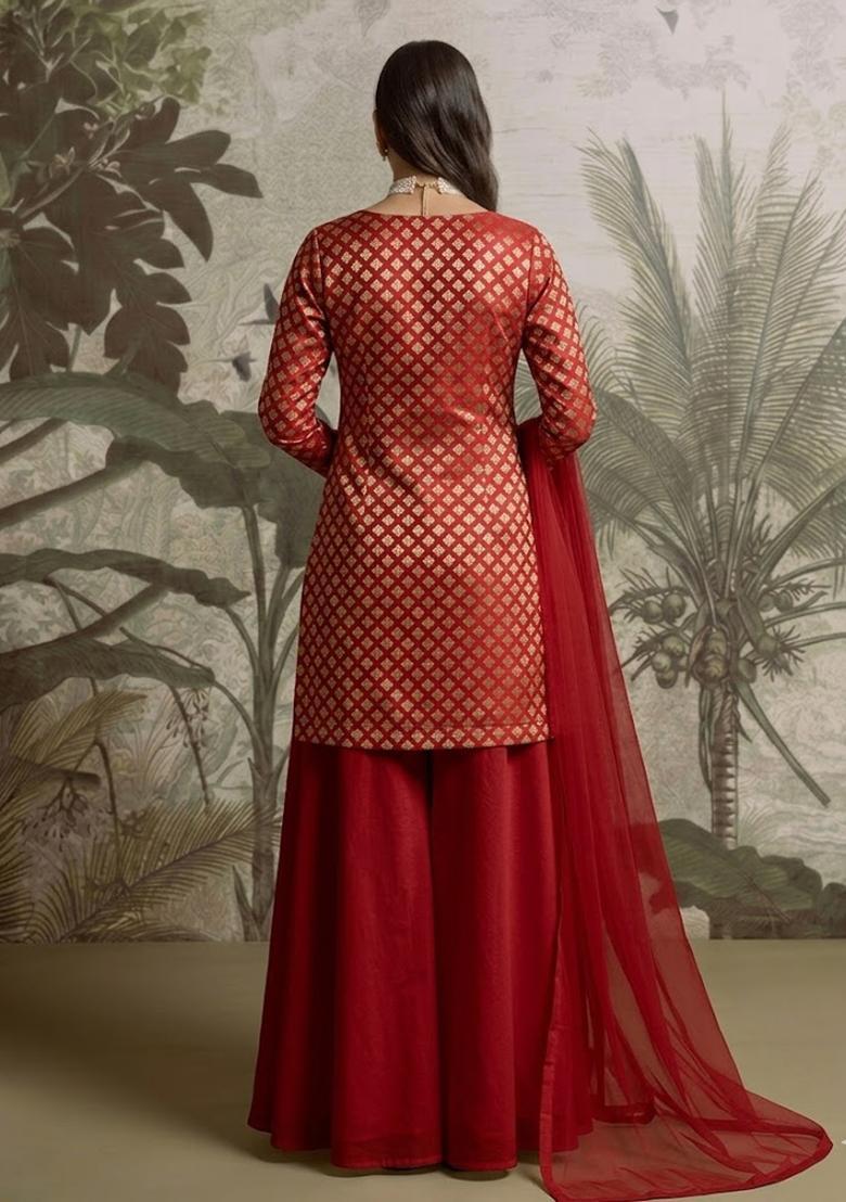 Red Brocade Sharara Set - Indya