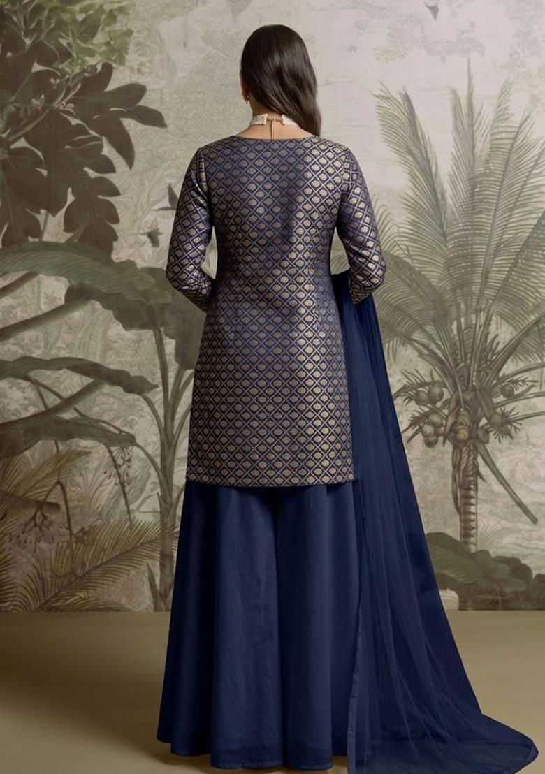 Navy Blue Brocade Sharara Set - Indya