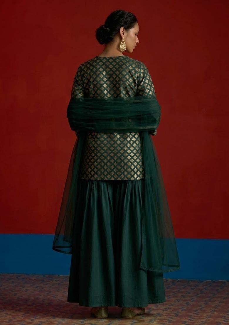 Dark Green Brocade Sharara Set - Indya