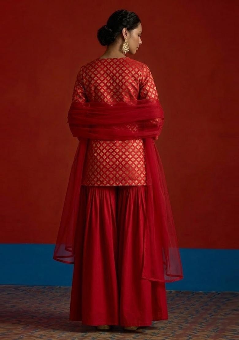 Red Brocade Sharara Set - Indya