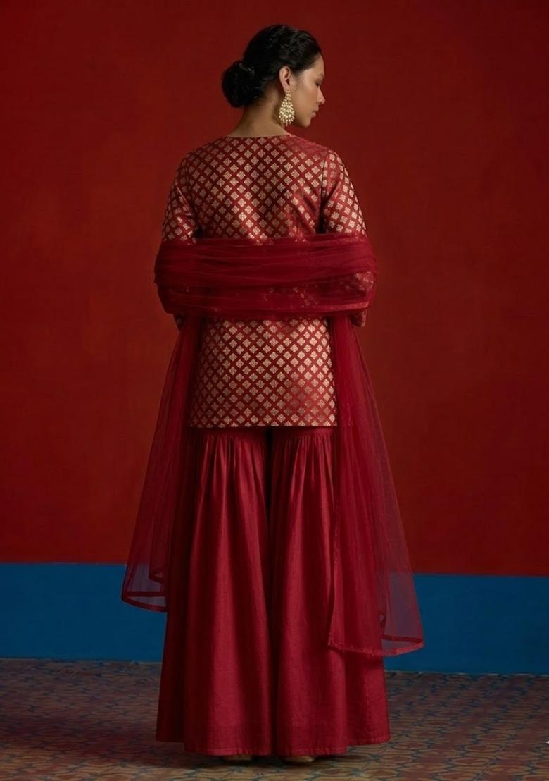 Red Brocade Sharara Set - Indya
